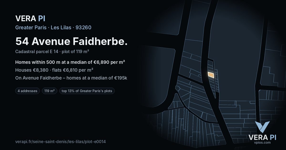 54 Avenue Faidherbe, Les Lilas at night – the plot lit, the parcels around coloured by the prices near them