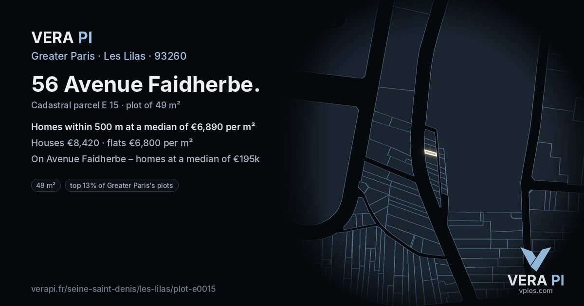 56 Avenue Faidherbe, Les Lilas at night – the plot lit, the parcels around coloured by the prices near them