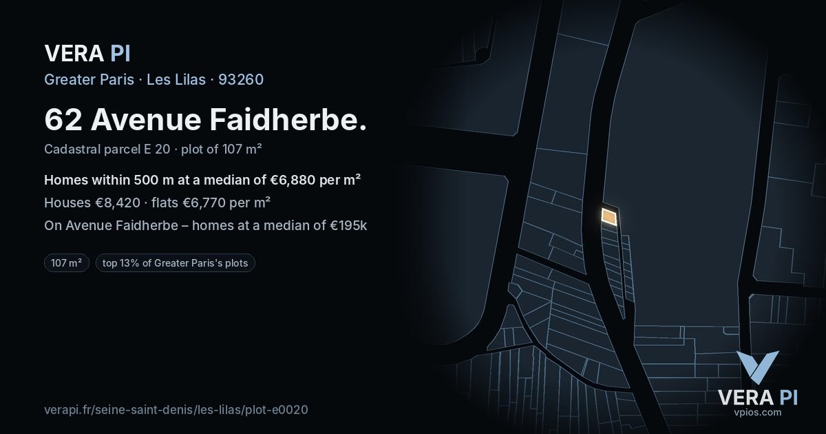 62 Avenue Faidherbe, Les Lilas at night – the plot lit, the parcels around coloured by the prices near them