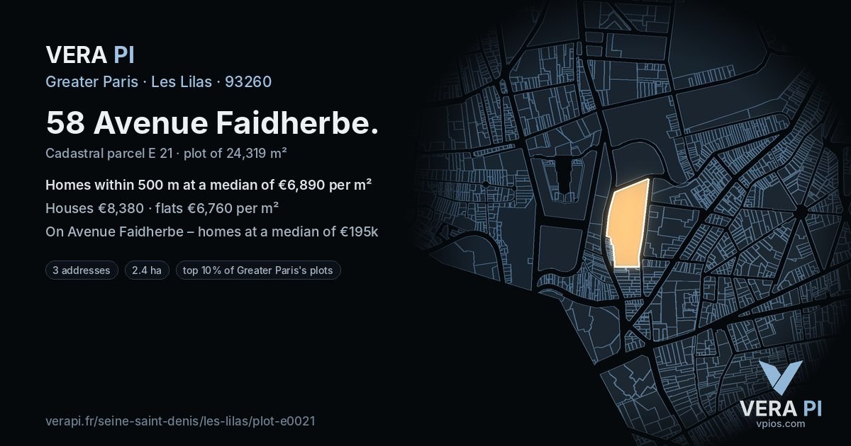 58 Avenue Faidherbe, Les Lilas at night – the plot lit, the parcels around coloured by the prices near them