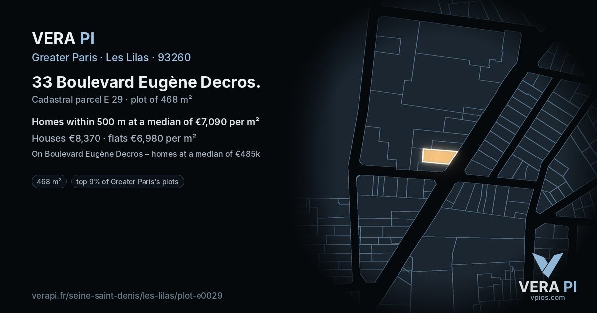 33 Boulevard Eugène Decros, Les Lilas at night – the plot lit, the parcels around coloured by the prices near them