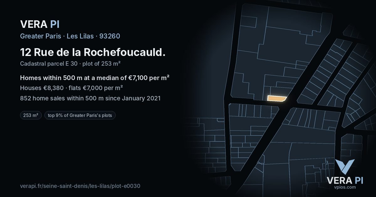 12 Rue de la Rochefoucauld, Les Lilas at night – the plot lit, the parcels around coloured by the prices near them