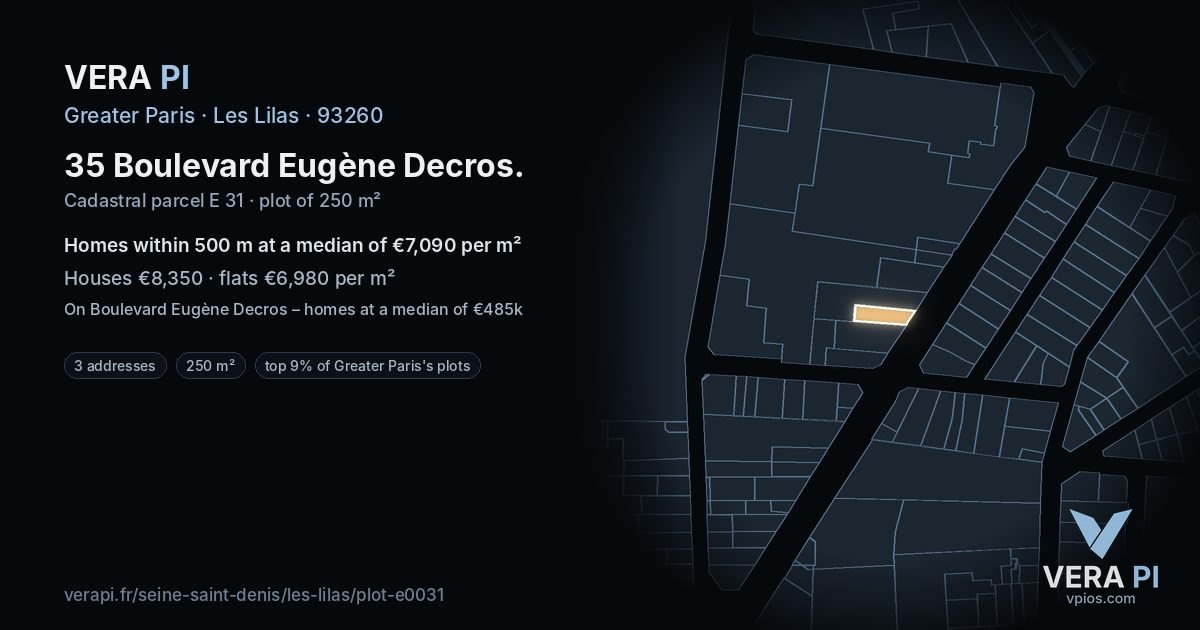35 Boulevard Eugène Decros, Les Lilas at night – the plot lit, the parcels around coloured by the prices near them