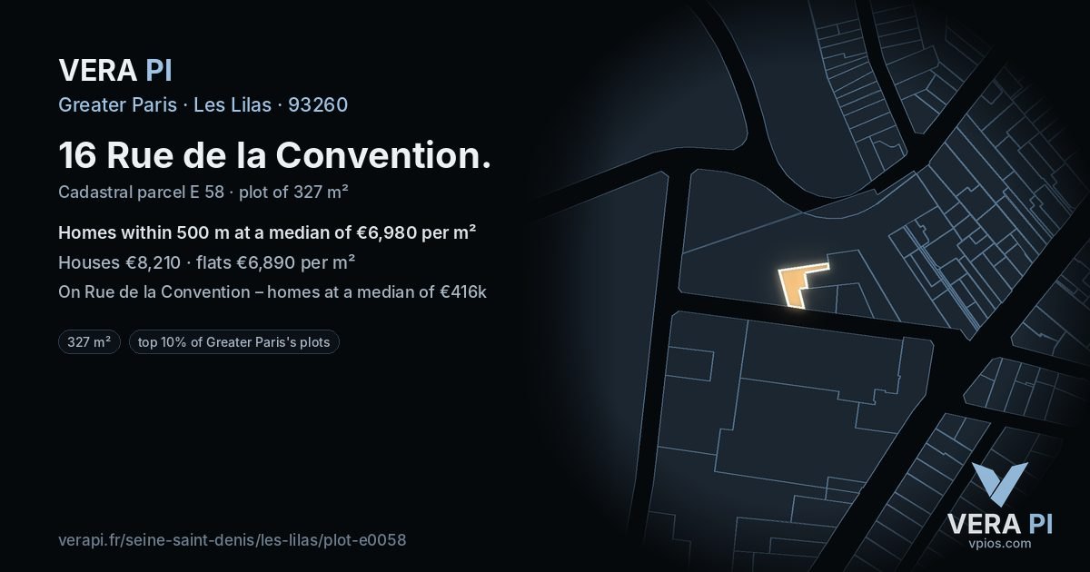 16 Rue de la Convention, Les Lilas at night – the plot lit, the parcels around coloured by the prices near them