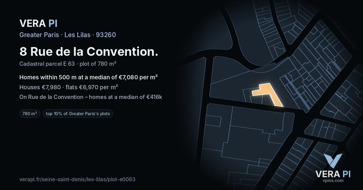 8 Rue de la Convention, Les Lilas at night – the plot lit, the parcels around coloured by the prices near them
