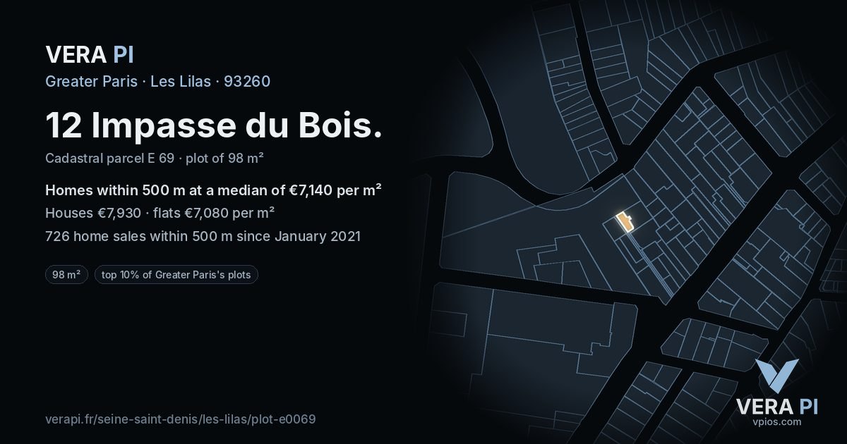 12 Impasse du Bois, Les Lilas at night – the plot lit, the parcels around coloured by the prices near them