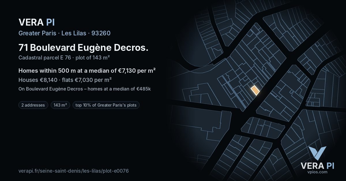 71 Boulevard Eugène Decros, Les Lilas at night – the plot lit, the parcels around coloured by the prices near them