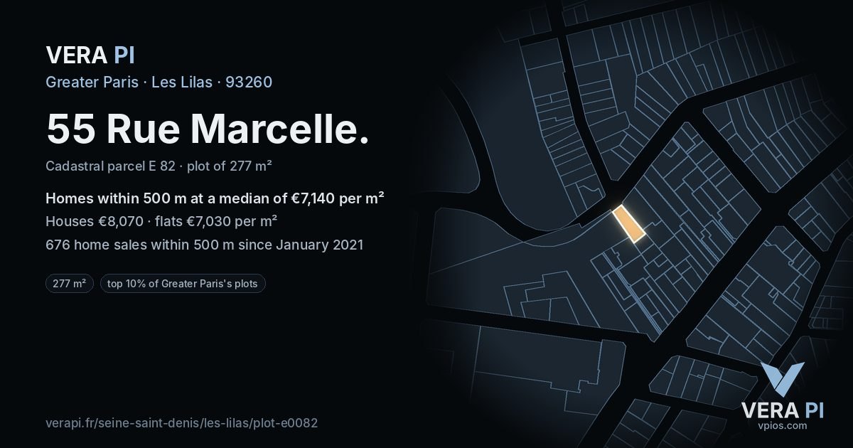 55 Rue Marcelle, Les Lilas at night – the plot lit, the parcels around coloured by the prices near them