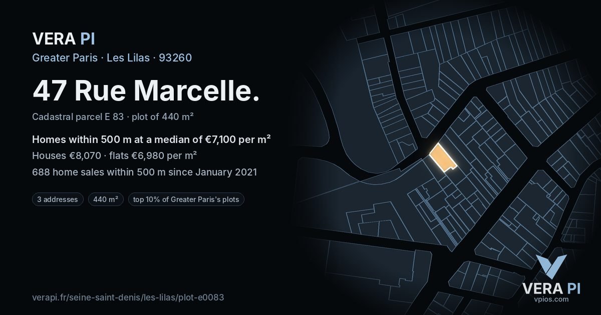 47 Rue Marcelle, Les Lilas at night – the plot lit, the parcels around coloured by the prices near them
