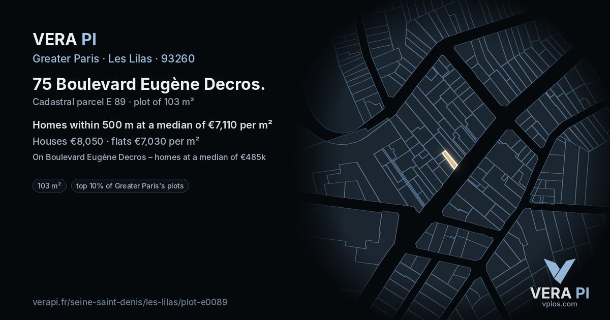 75 Boulevard Eugène Decros, Les Lilas at night – the plot lit, the parcels around coloured by the prices near them