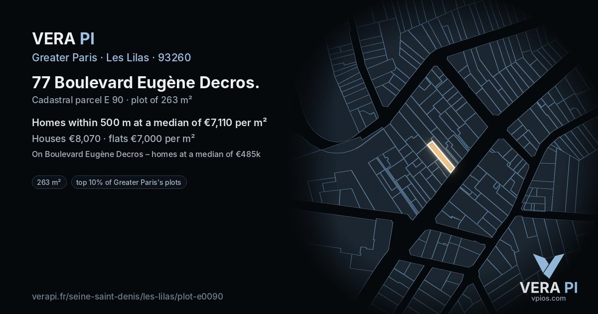 77 Boulevard Eugène Decros, Les Lilas at night – the plot lit, the parcels around coloured by the prices near them