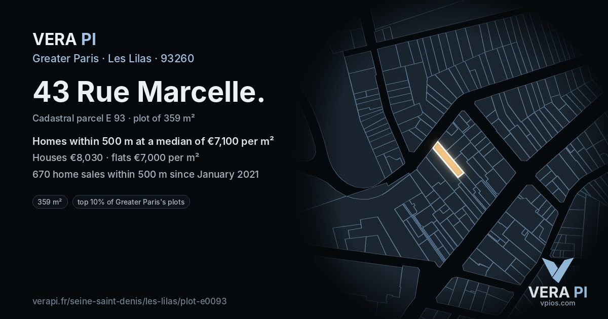 43 Rue Marcelle, Les Lilas at night – the plot lit, the parcels around coloured by the prices near them