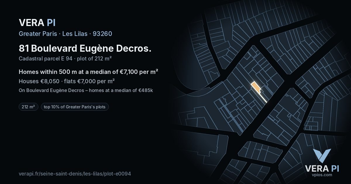 81 Boulevard Eugène Decros, Les Lilas at night – the plot lit, the parcels around coloured by the prices near them