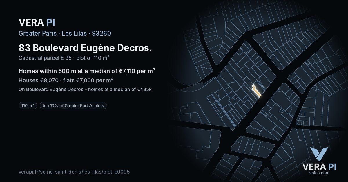 83 Boulevard Eugène Decros, Les Lilas at night – the plot lit, the parcels around coloured by the prices near them