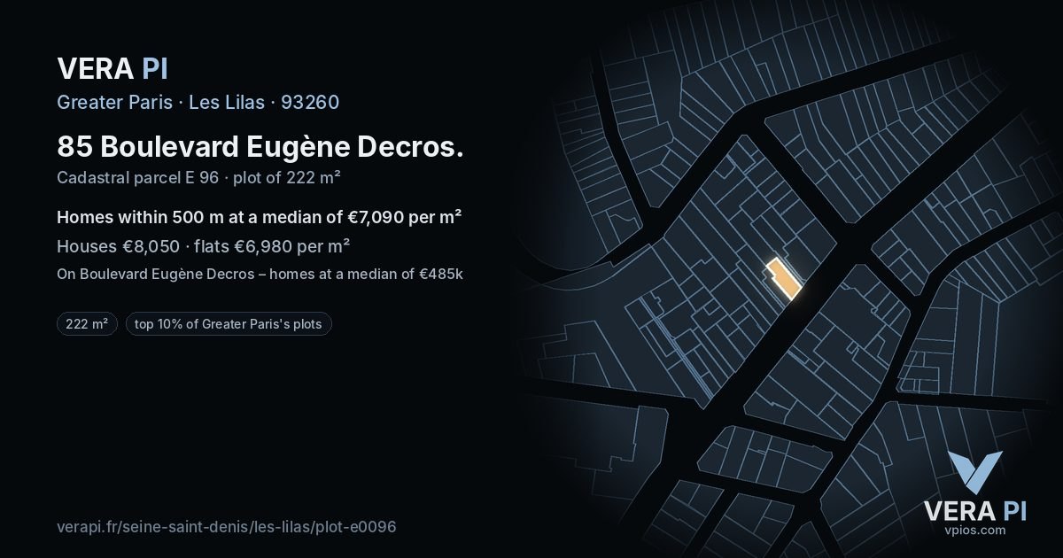 85 Boulevard Eugène Decros, Les Lilas at night – the plot lit, the parcels around coloured by the prices near them