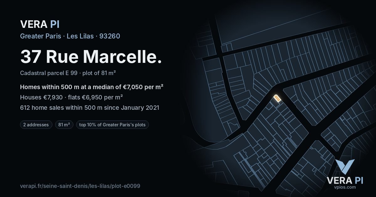 37 Rue Marcelle, Les Lilas at night – the plot lit, the parcels around coloured by the prices near them