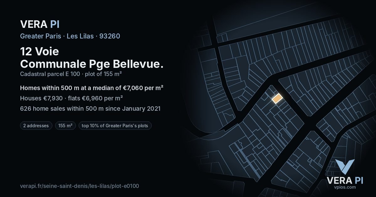 12 Voie Communale Pge Bellevue, Les Lilas at night – the plot lit, the parcels around coloured by the prices near them