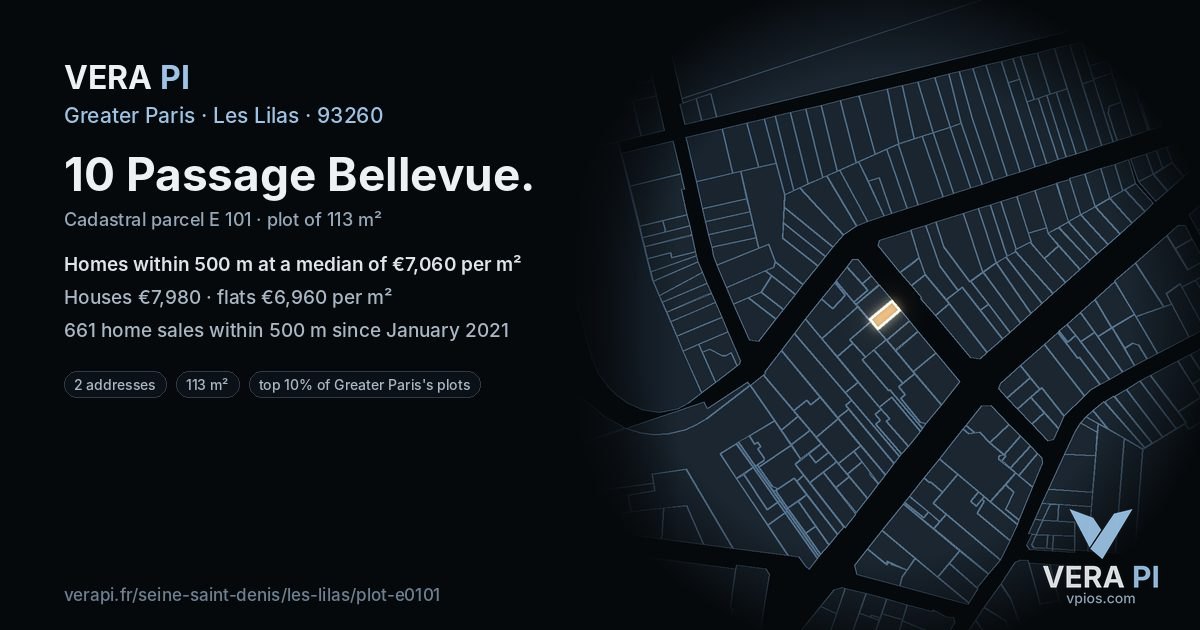 10 Passage Bellevue, Les Lilas at night – the plot lit, the parcels around coloured by the prices near them