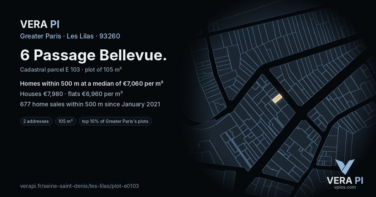 6 Passage Bellevue, Les Lilas at night – the plot lit, the parcels around coloured by the prices near them