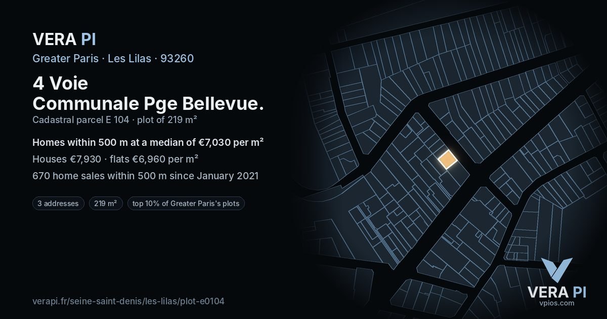 4 Voie Communale Pge Bellevue, Les Lilas at night – the plot lit, the parcels around coloured by the prices near them