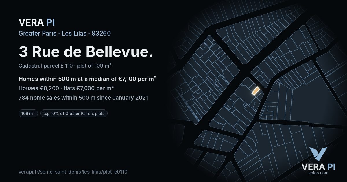 3 Rue de Bellevue, Les Lilas at night – the plot lit, the parcels around coloured by the prices near them