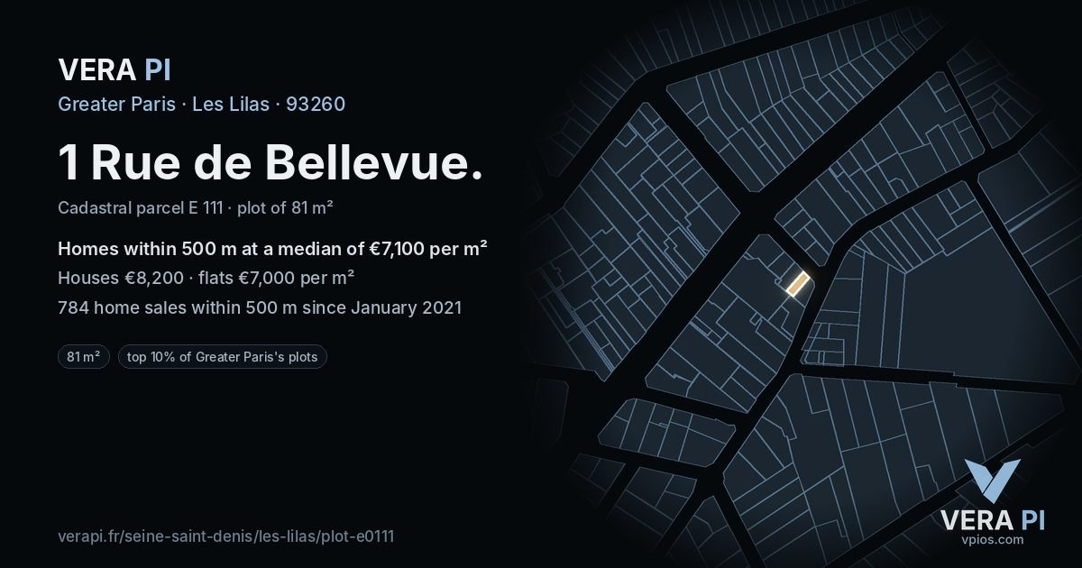 1 Rue de Bellevue, Les Lilas at night – the plot lit, the parcels around coloured by the prices near them