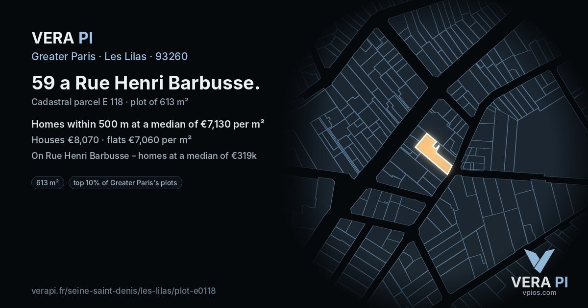 59 a Rue Henri Barbusse, Les Lilas at night – the plot lit, the parcels around coloured by the prices near them