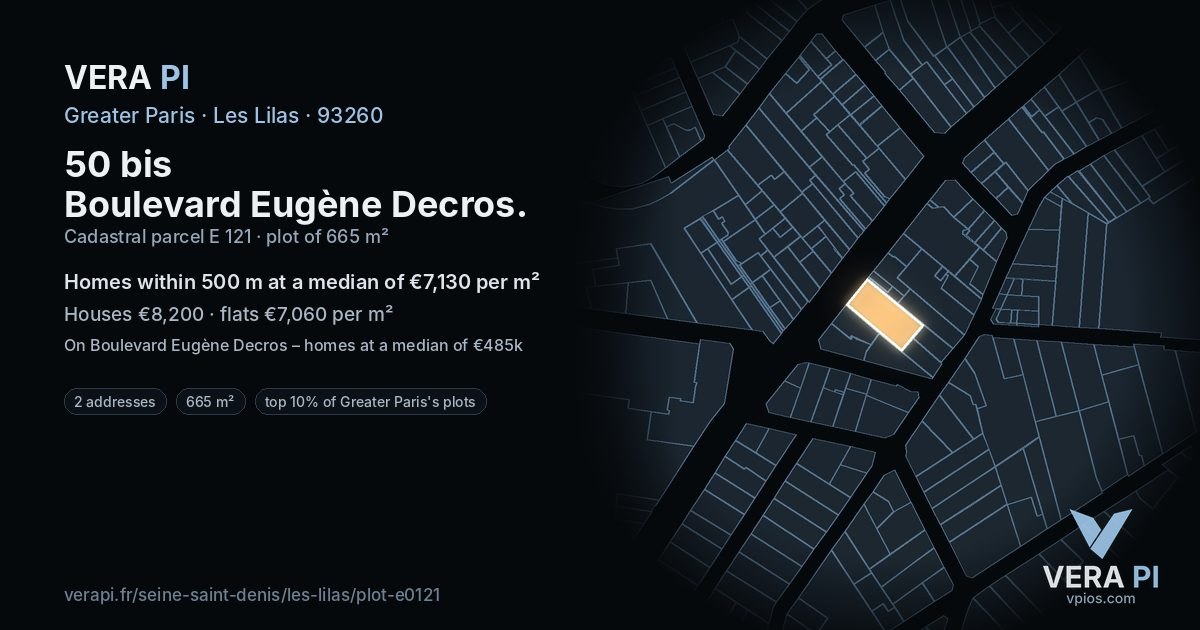 50 bis Boulevard Eugène Decros, Les Lilas at night – the plot lit, the parcels around coloured by the prices near them