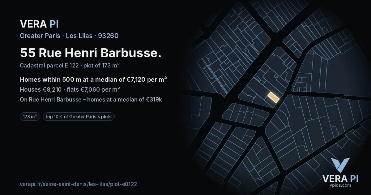 55 Rue Henri Barbusse, Les Lilas at night – the plot lit, the parcels around coloured by the prices near them