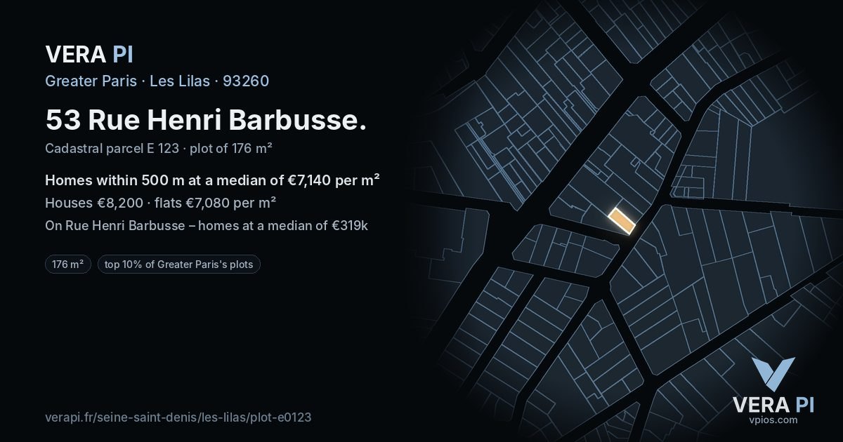 53 Rue Henri Barbusse, Les Lilas at night – the plot lit, the parcels around coloured by the prices near them