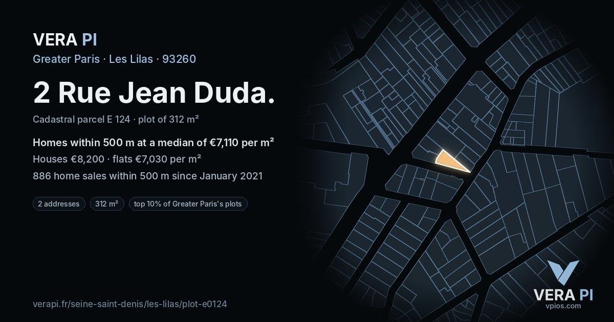 2 Rue Jean Duda, Les Lilas at night – the plot lit, the parcels around coloured by the prices near them