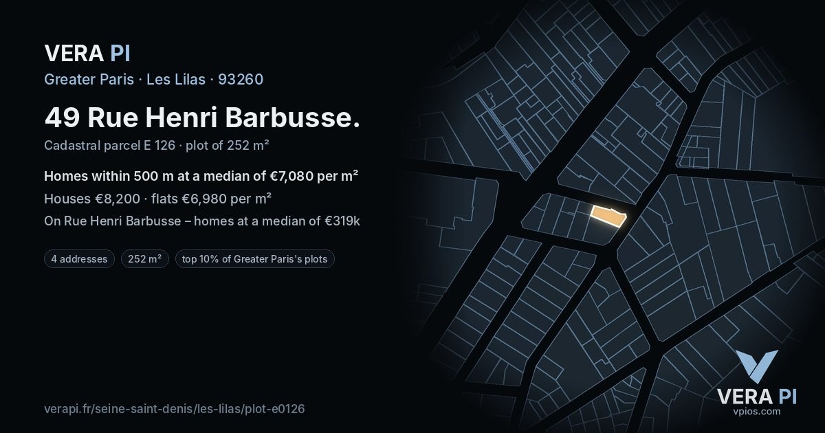 49 Rue Henri Barbusse, Les Lilas at night – the plot lit, the parcels around coloured by the prices near them