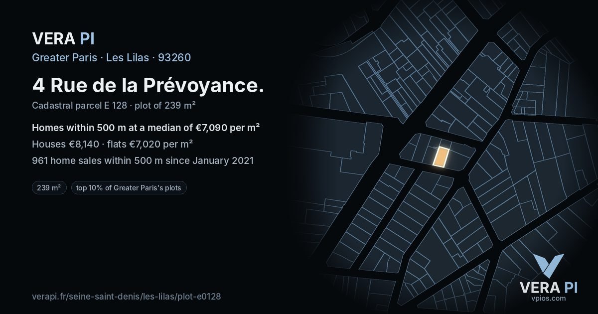 4 Rue de la Prévoyance, Les Lilas at night – the plot lit, the parcels around coloured by the prices near them