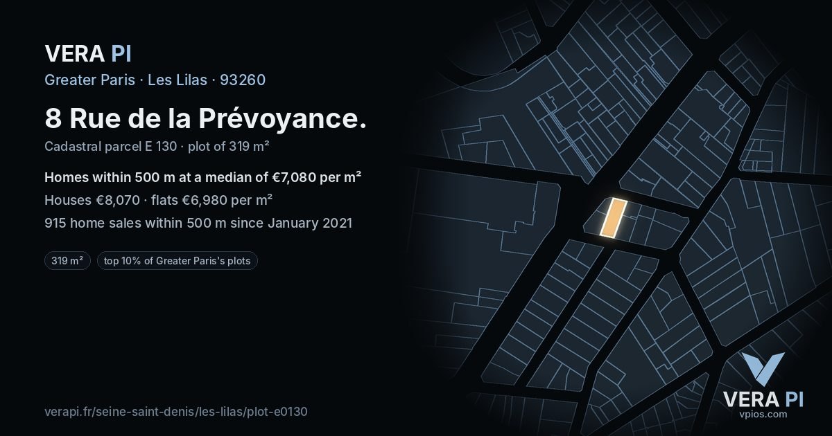 8 Rue de la Prévoyance, Les Lilas at night – the plot lit, the parcels around coloured by the prices near them