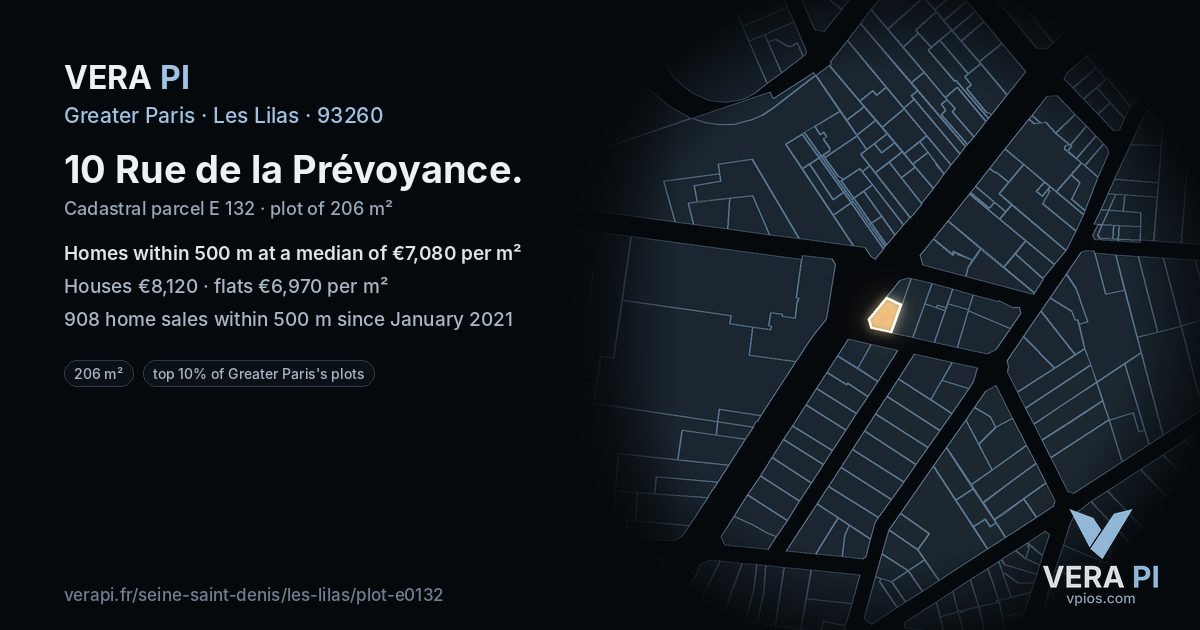 10 Rue de la Prévoyance, Les Lilas at night – the plot lit, the parcels around coloured by the prices near them