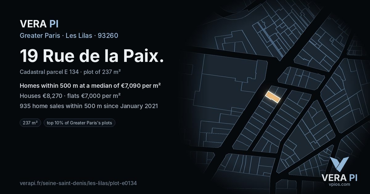 19 Rue de la Paix, Les Lilas at night – the plot lit, the parcels around coloured by the prices near them