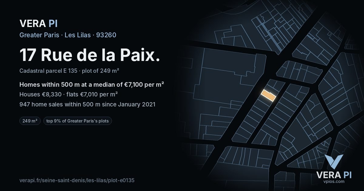 17 Rue de la Paix, Les Lilas at night – the plot lit, the parcels around coloured by the prices near them