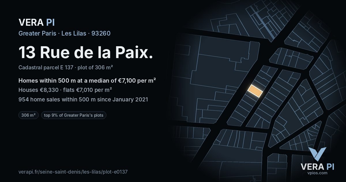 13 Rue de la Paix, Les Lilas at night – the plot lit, the parcels around coloured by the prices near them