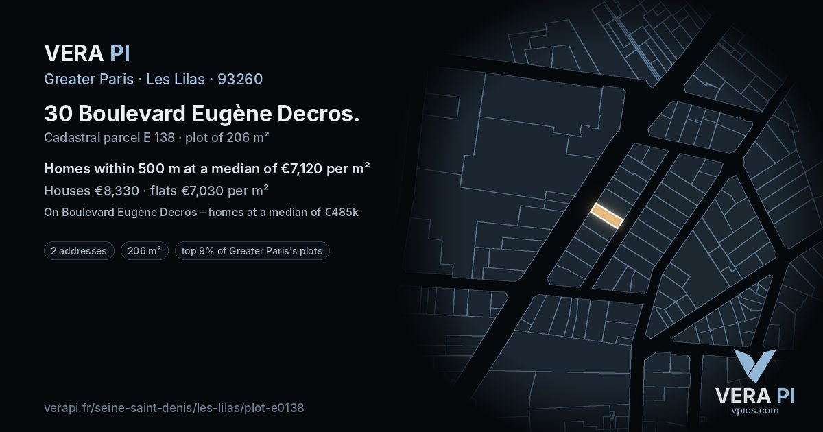 30 Boulevard Eugène Decros, Les Lilas at night – the plot lit, the parcels around coloured by the prices near them