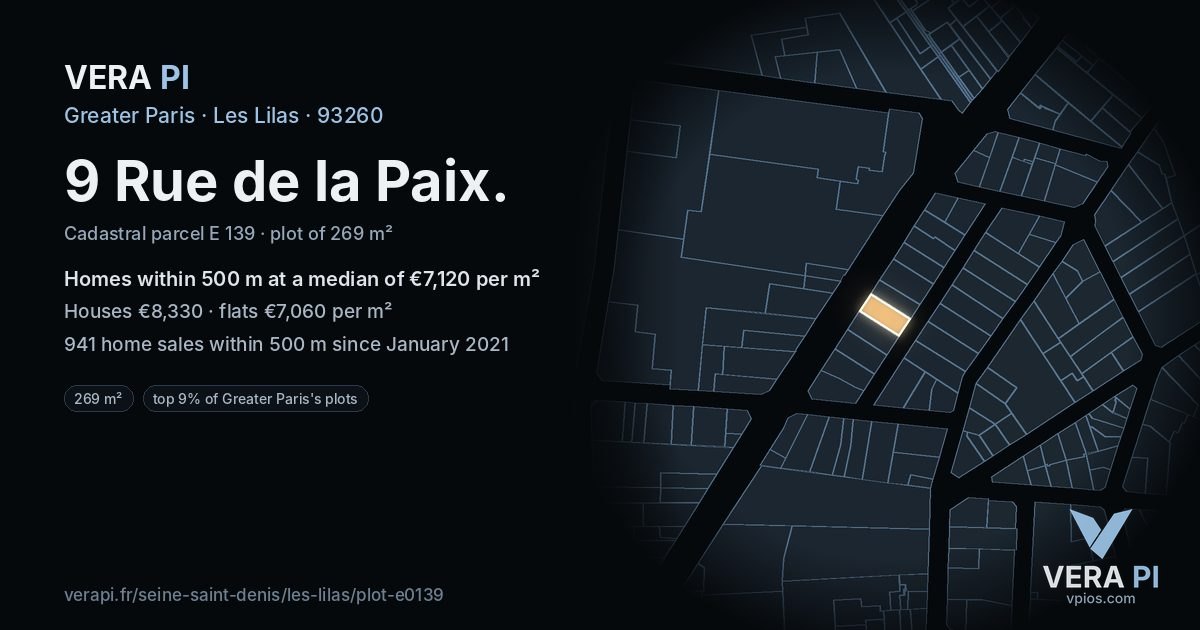 9 Rue de la Paix, Les Lilas at night – the plot lit, the parcels around coloured by the prices near them