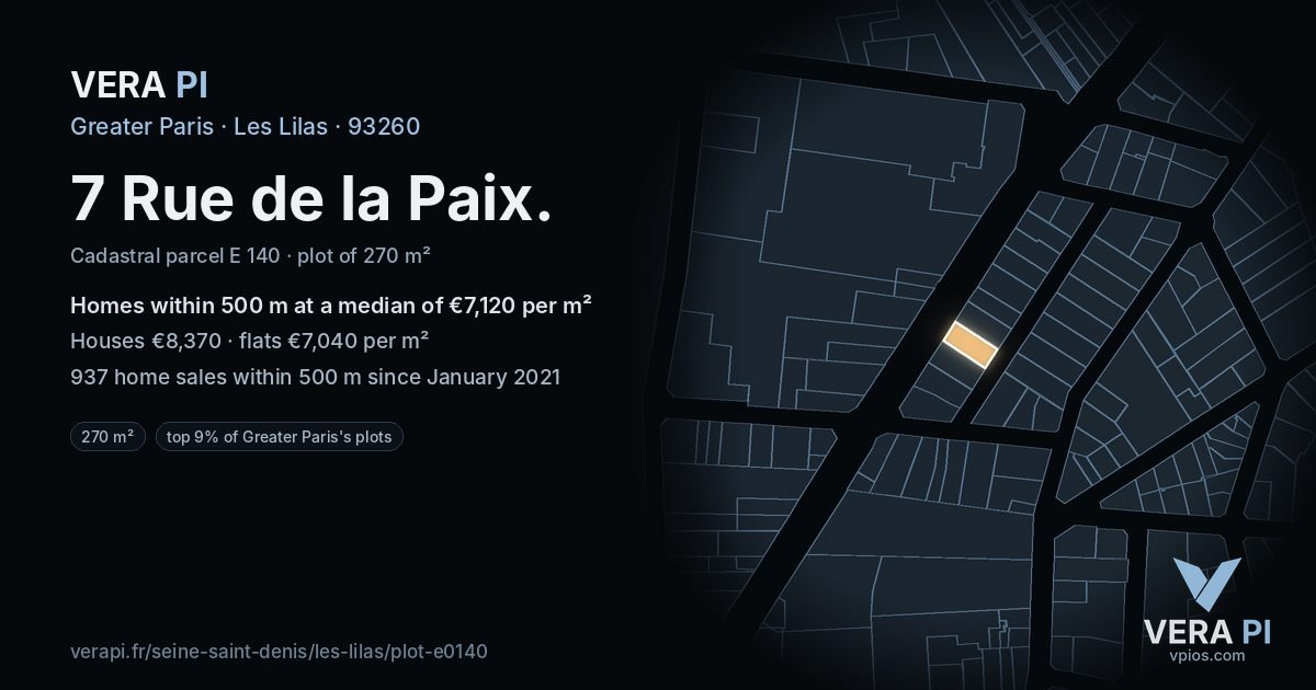 7 Rue de la Paix, Les Lilas at night – the plot lit, the parcels around coloured by the prices near them