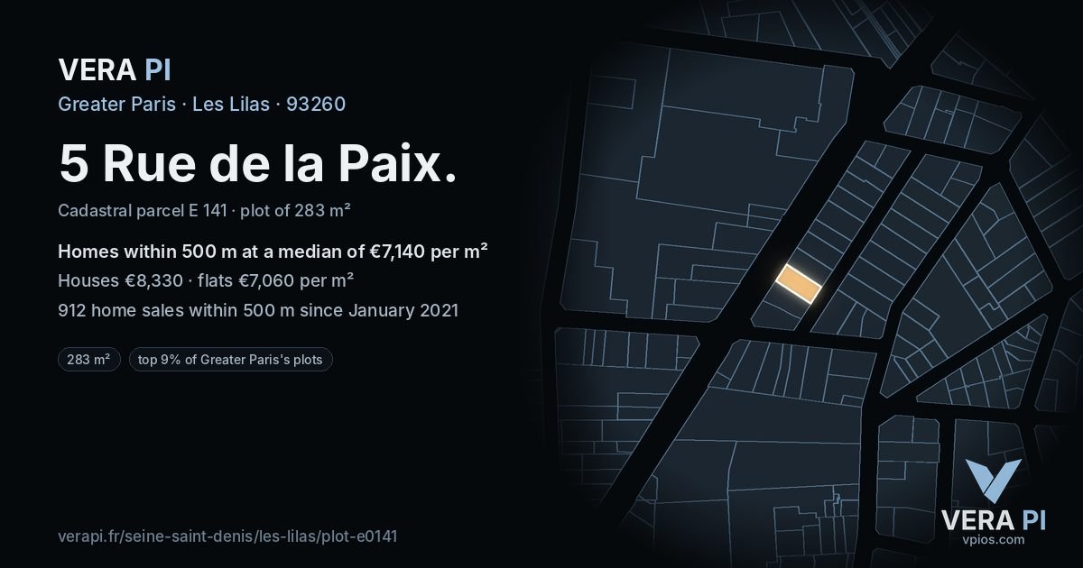 5 Rue de la Paix, Les Lilas at night – the plot lit, the parcels around coloured by the prices near them