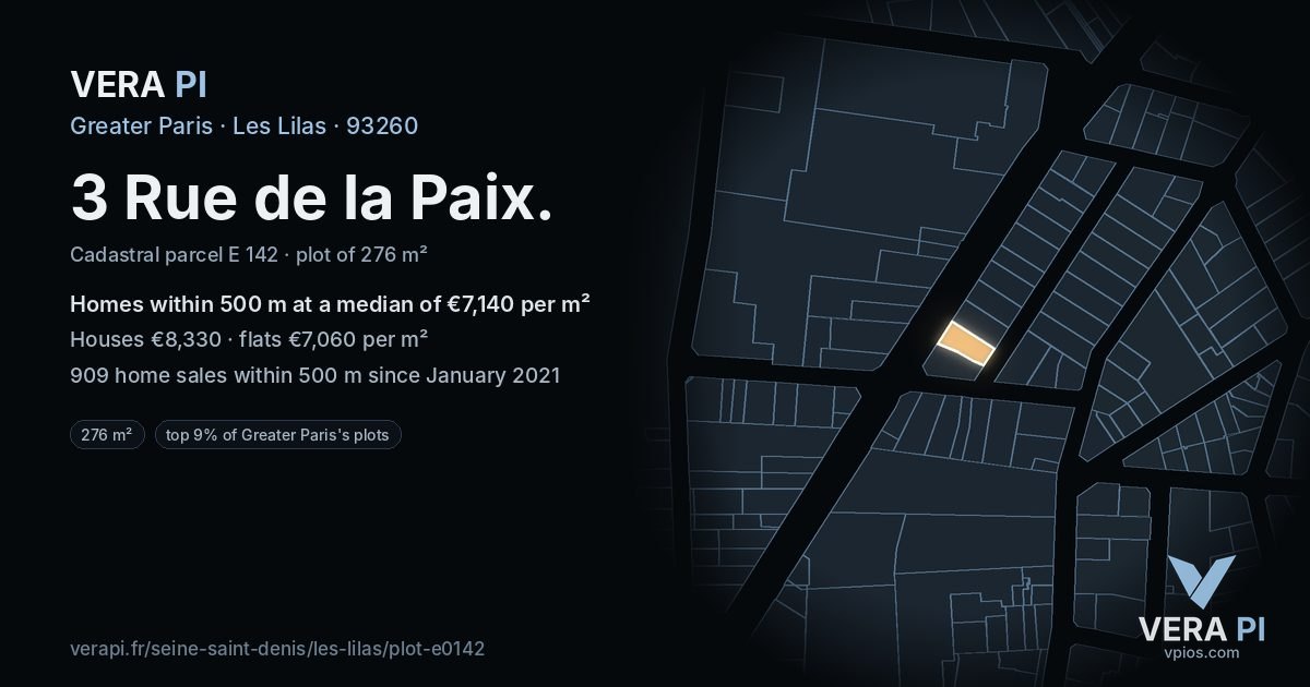 3 Rue de la Paix, Les Lilas at night – the plot lit, the parcels around coloured by the prices near them