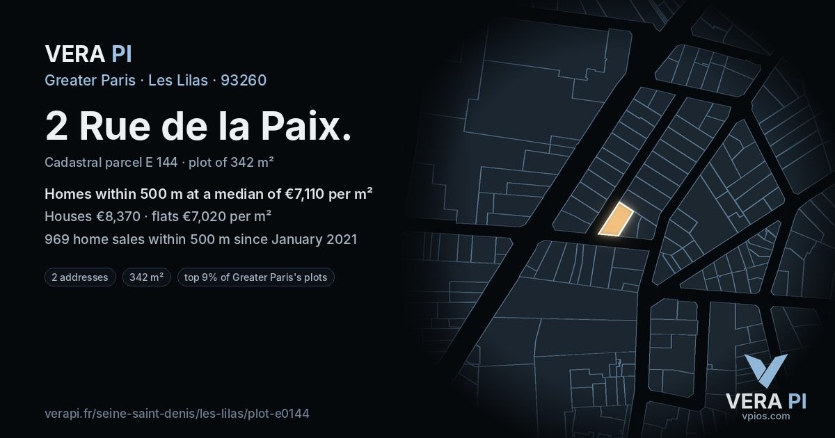 2 Rue de la Paix, Les Lilas at night – the plot lit, the parcels around coloured by the prices near them