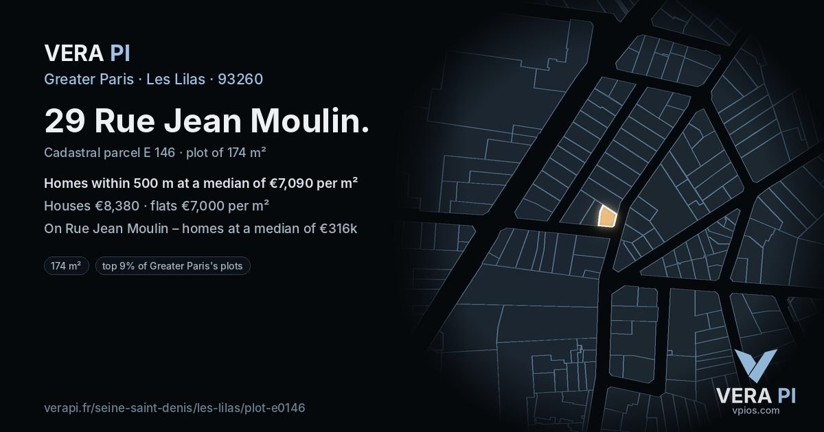 29 Rue Jean Moulin, Les Lilas at night – the plot lit, the parcels around coloured by the prices near them