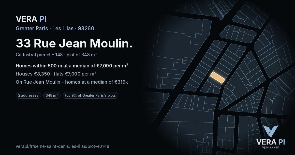 33 Rue Jean Moulin, Les Lilas at night – the plot lit, the parcels around coloured by the prices near them