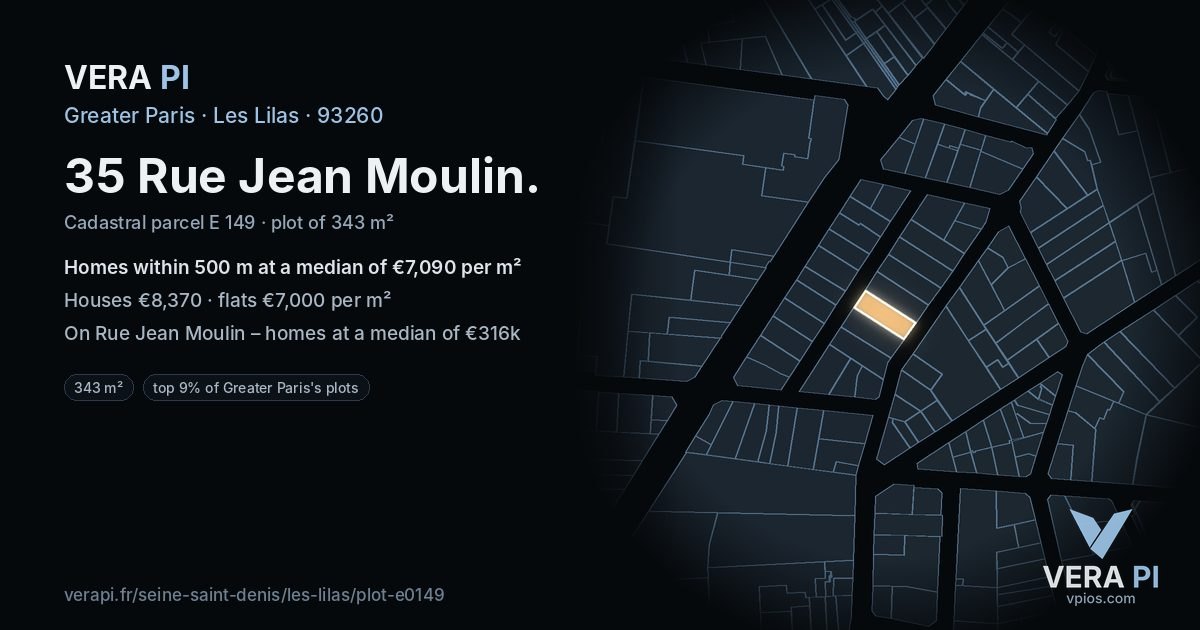 35 Rue Jean Moulin, Les Lilas at night – the plot lit, the parcels around coloured by the prices near them