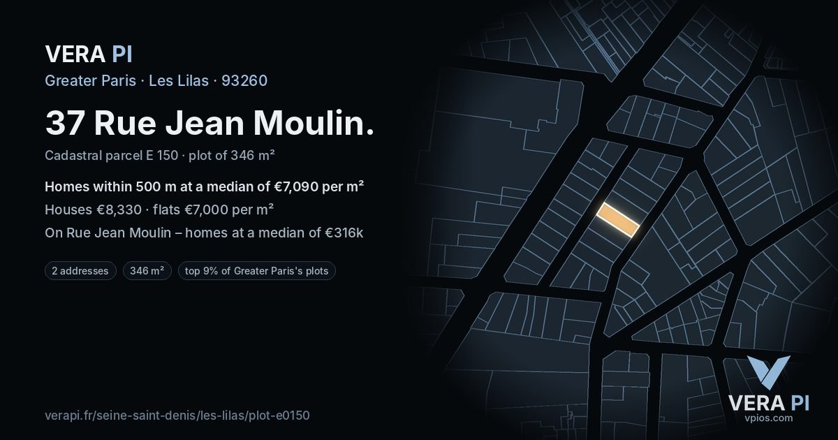 37 Rue Jean Moulin, Les Lilas at night – the plot lit, the parcels around coloured by the prices near them