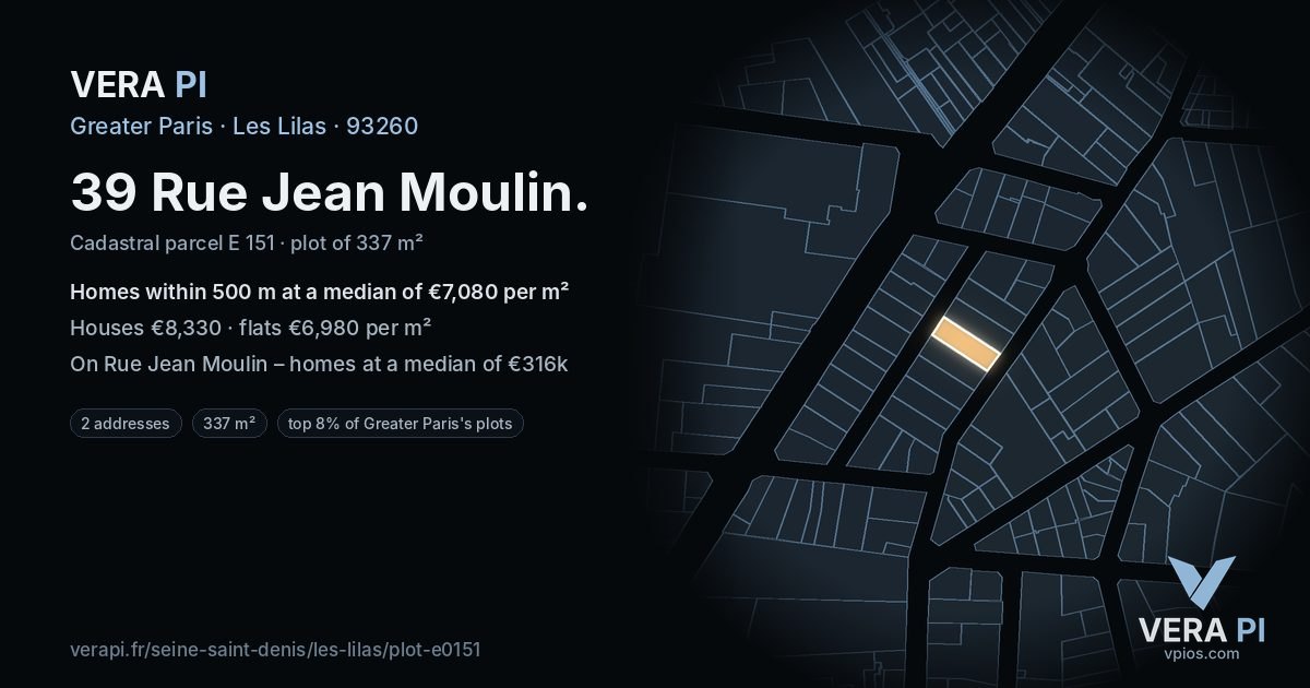 39 Rue Jean Moulin, Les Lilas at night – the plot lit, the parcels around coloured by the prices near them