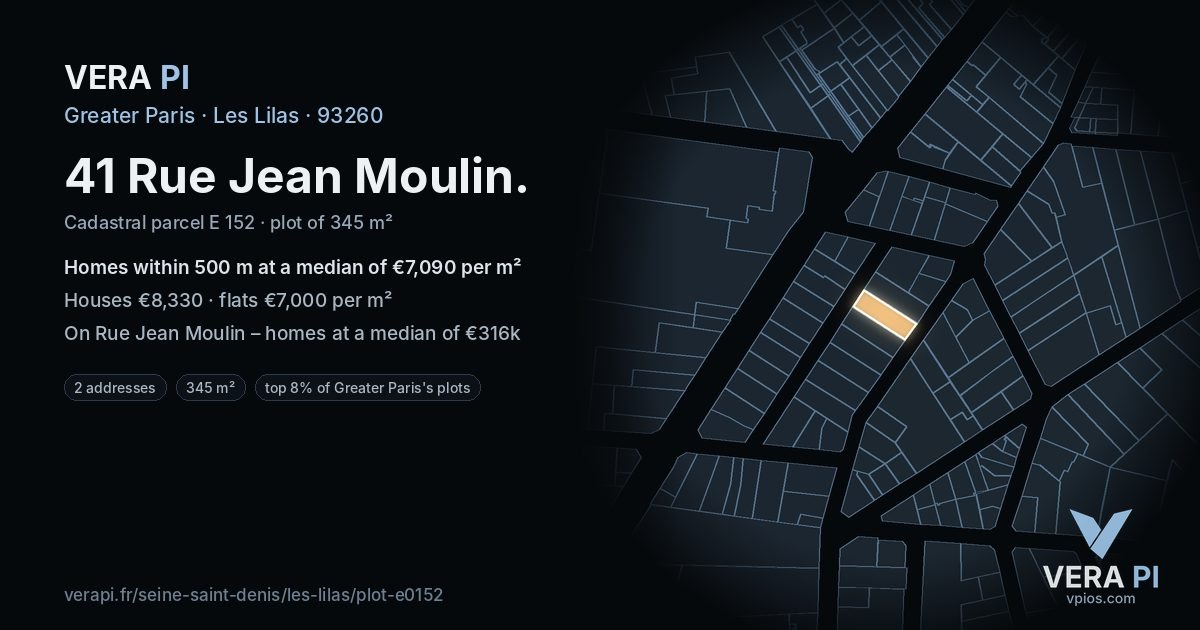 41 Rue Jean Moulin, Les Lilas at night – the plot lit, the parcels around coloured by the prices near them
